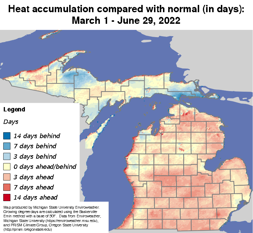 Cumulative growing degree day accumulation map in Michigan.